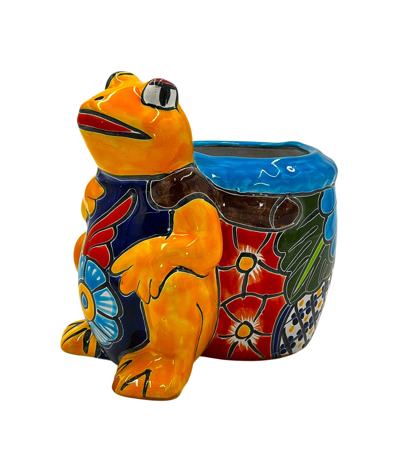 Mexican Talavera Standing Frog with Basket Planter Pot Hand Painted - Yellow Frog