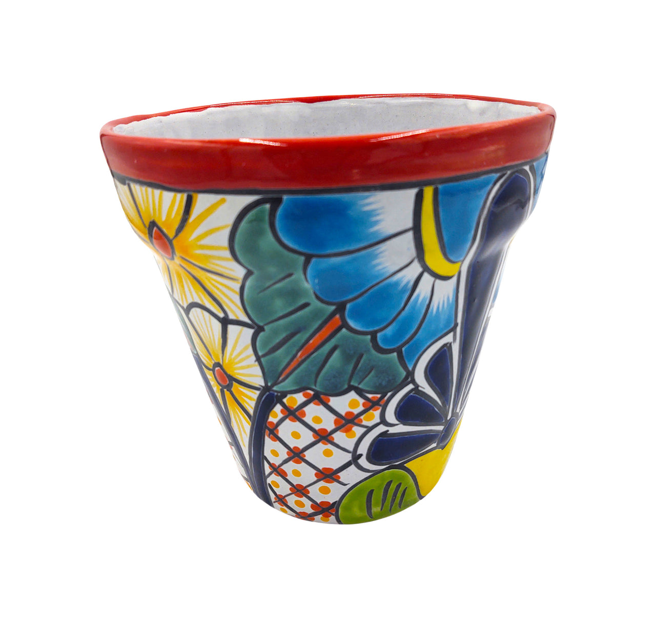 Mexican Talavera Hand Painted Planter Pot (Maceta Ranchera #20) - Traditional Ceramic Garden & Home Décor - Red Trim