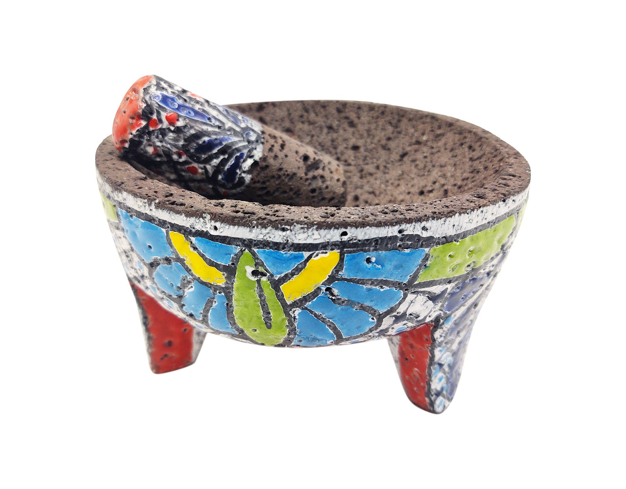 Molcajete de Mexico - Lava Rock Mortar & Pestle (8"L x 8"W x 4.5"H) Hand Painted - VAIRABLE Colors ON Stone - Mexican Kitchen Tool