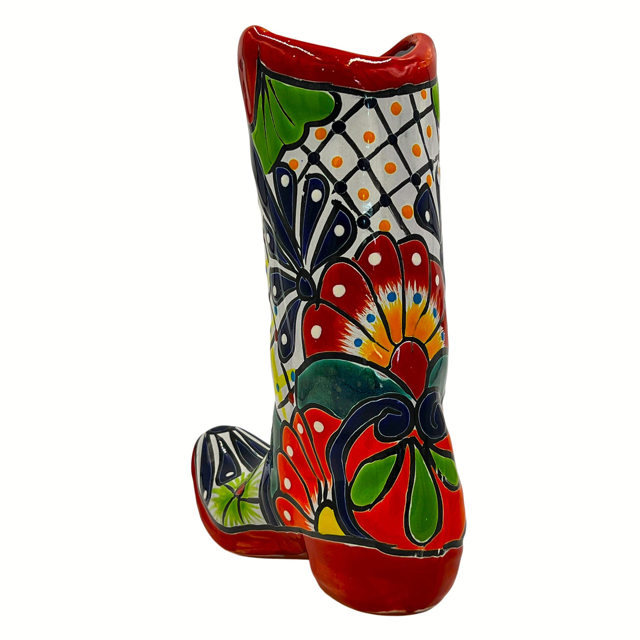 Mexican Talavera Cowboy Boot Planter Hand Painted - Red Trim