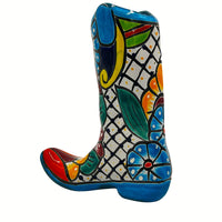 Thumbnail for Mexican Talavera Cowboy Boot Planter Hand Painted - Light Blue Trim