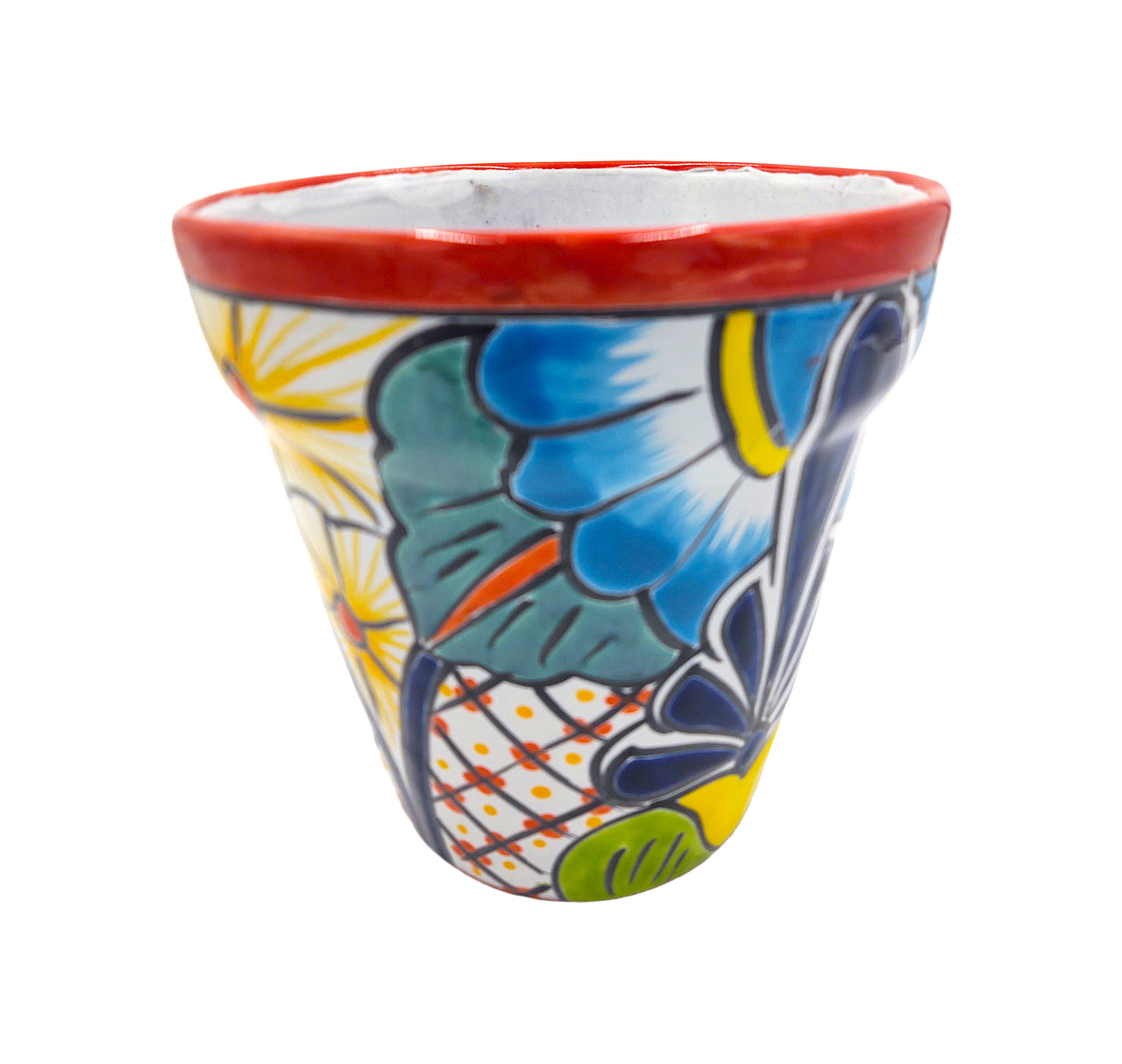 Mexican Talavera Hand Painted Planter Pot (Maceta Ranchera #20) - Traditional Ceramic Garden & Home Décor - Red Trim