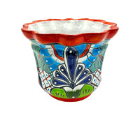 Thumbnail for Mexican Talavera Scalloped Corona Rim Planter Planter Pot Hand Painted - Red Trim