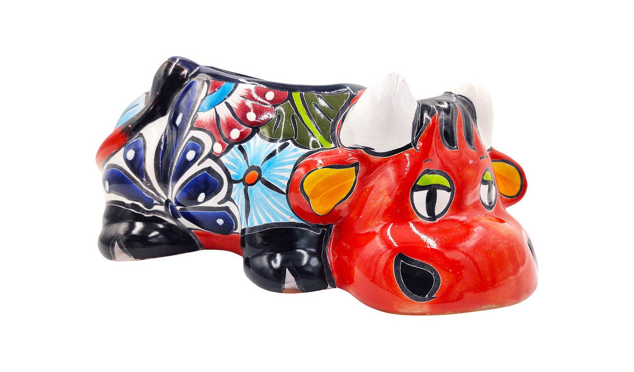 Mexican Talavera Resting Cow Planter Pot Hand Painted - Red Body Color