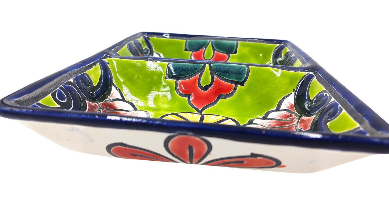 Mexican Talavera Ceramic Divided Serving Dish - Dual Section, 10" Tableware Authentic Décor for Dining & Entertaining, Hand Painted - Dark Blue Trim