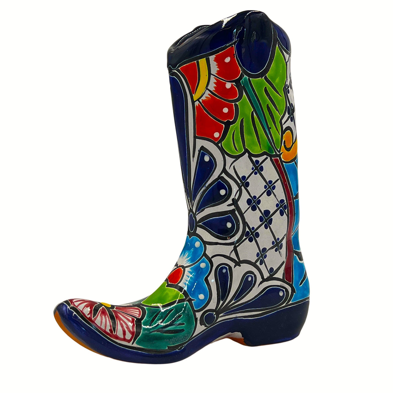 Mexican Talavera Cowboy Boot Planter Hand Painted - Dark Blue Trim