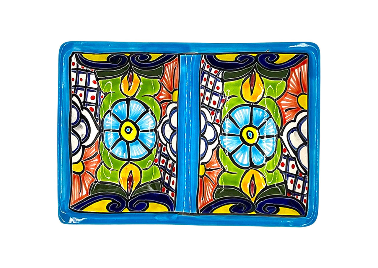 Mexican Talavera Ceramic Divided Serving Dish - Dual Section, 10" Tableware Authentic Décor for Dining & Entertaining, Hand Painted - Light Blue Trim