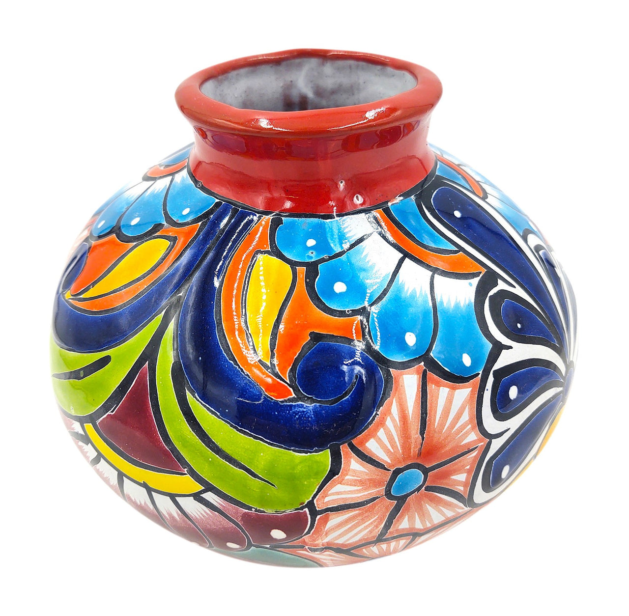 Mexican Talavera Hand Painted Flower Vase - Traditional Mexican Decorative Florero for Home Décor With Red Trim