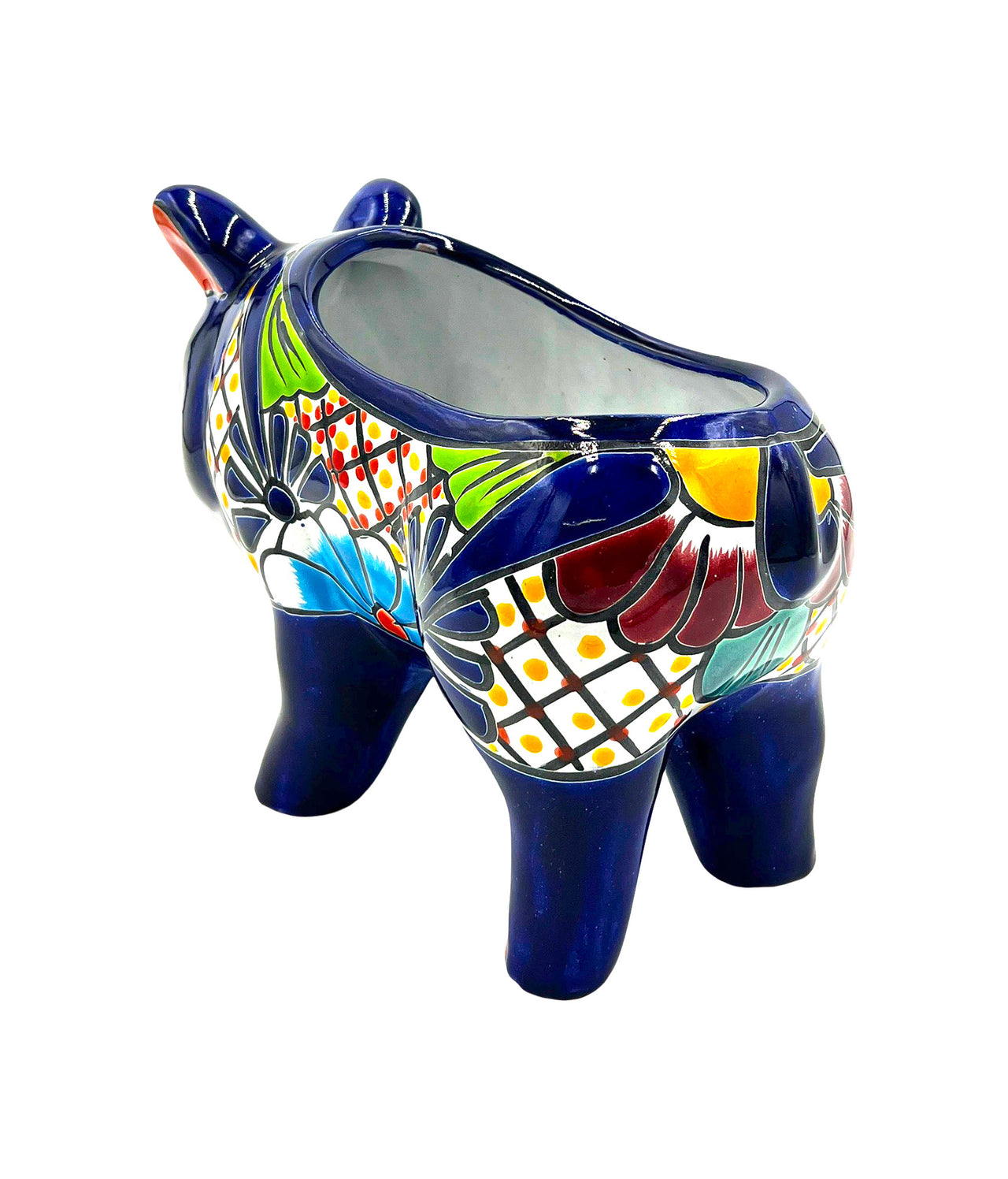 Mexican Talavera Piggy Planter Pot Hand Painted - Dark Blue Trim