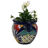 Thumbnail for Michoacano Mexican Talavera Pot - Dark Blue Trim with flower inside of pot