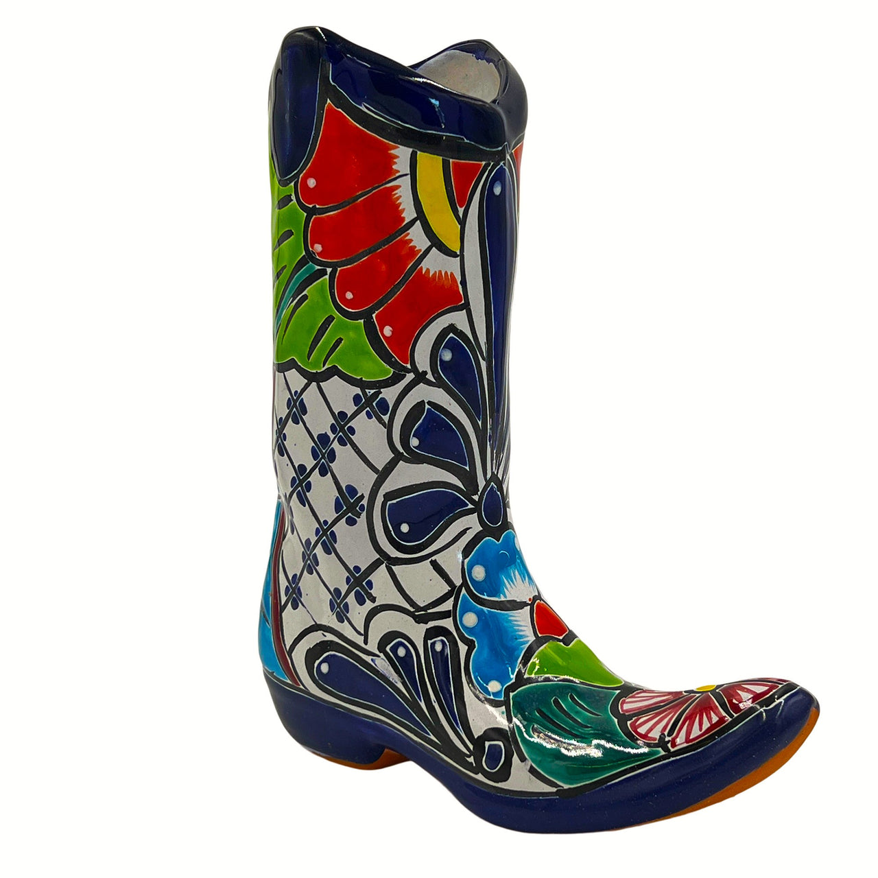 Mexican Talavera Cowboy Boot Planter Hand Painted - Dark Blue Trim