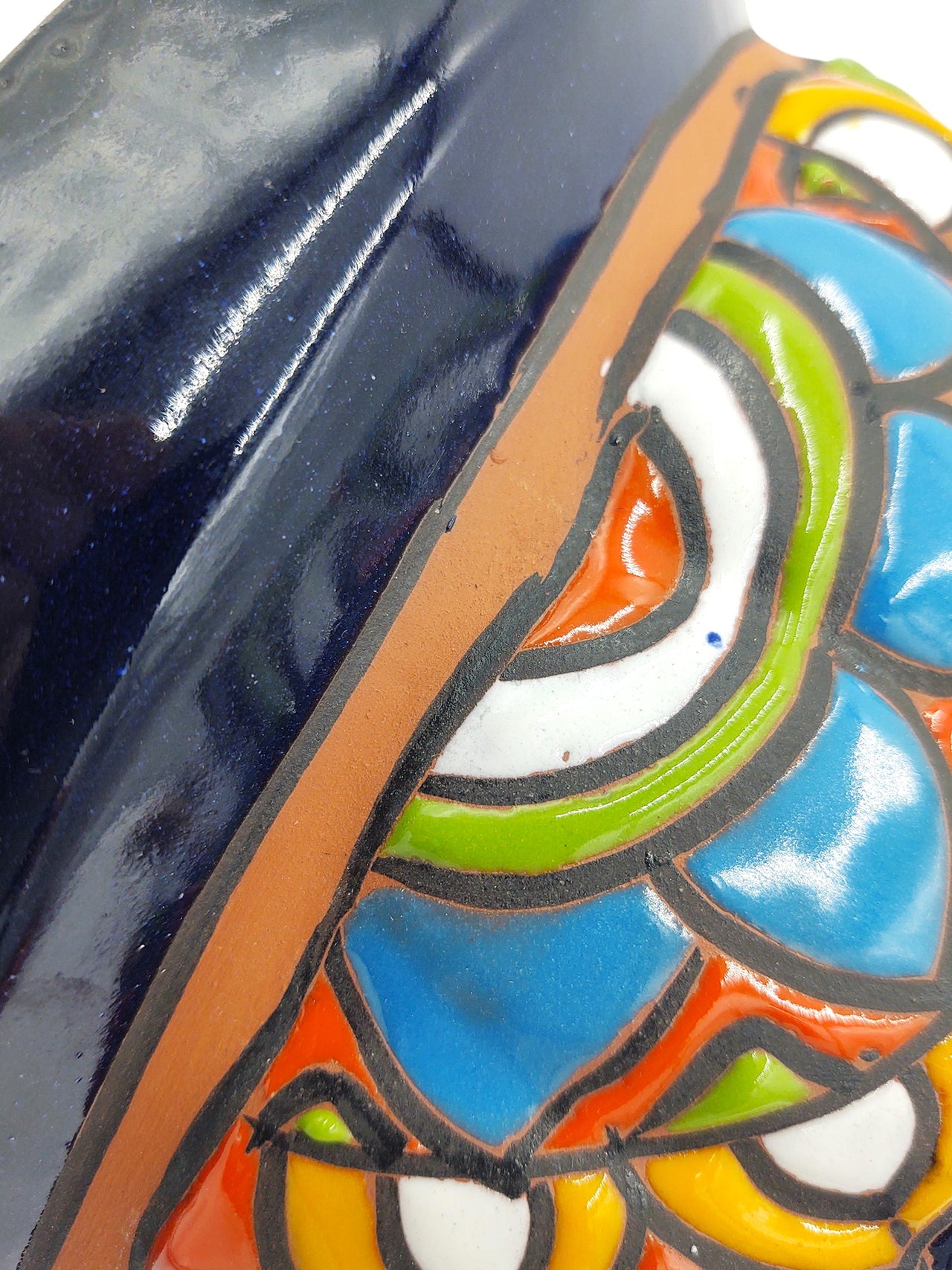 Terracotta Wall Planter Pot - Hand Painted Mexican Talavera - Dark Blue Trim