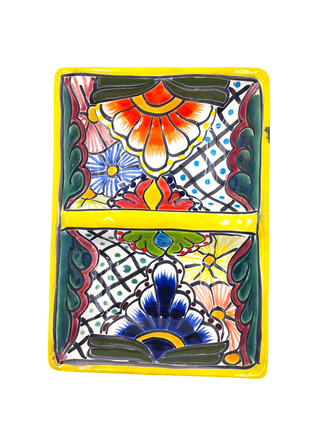 Mexican Talavera Ceramic Divided Serving Dish - Dual Section, 10" Tableware Authentic Décor for Dining & Entertaining, Hand Painted - Yellow Trim