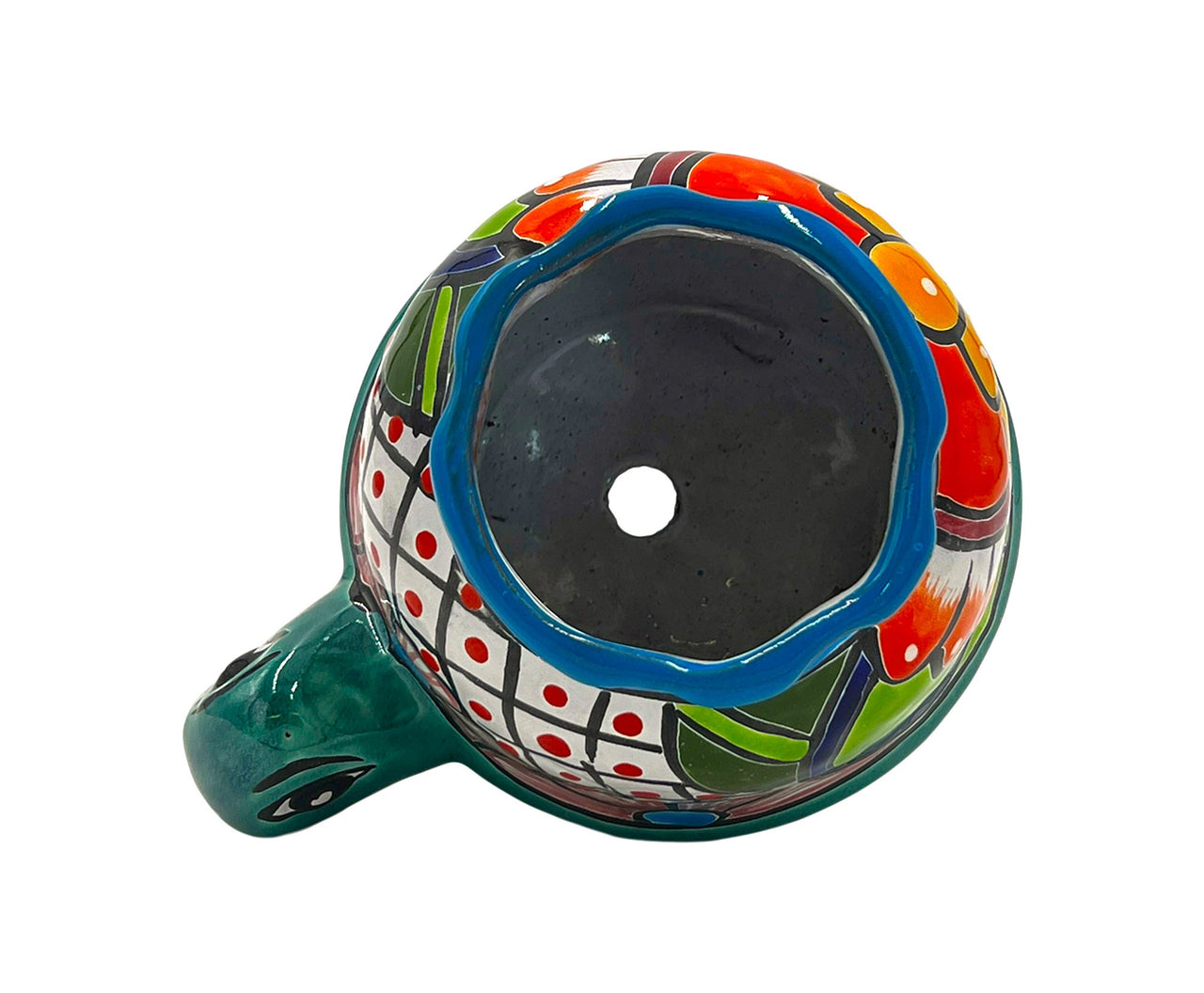 Mexican Talavera Corona Turtle Planter Pot Hand Painted - Light Blue & Metallic Green Body