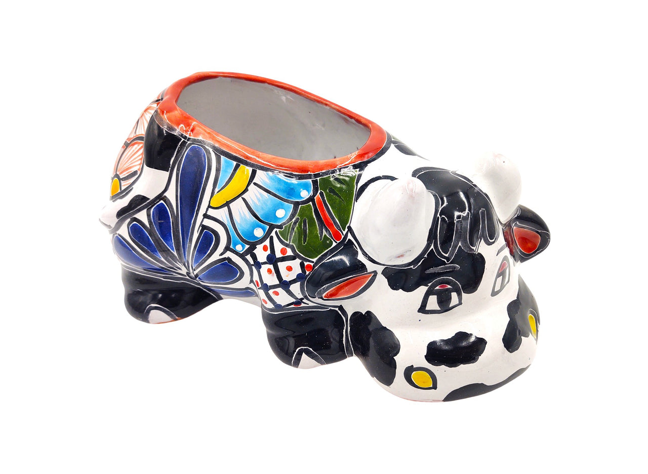 Mexican Talavera Resting Cow Planter Pot Hand Painted - Black & White Body Color
