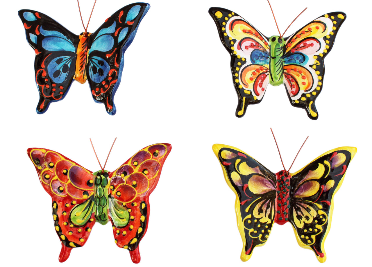 Set of 4 Small Ceramic Butterfly Wall Hangers (Tropical Colors) - Hand Painted From Spain
